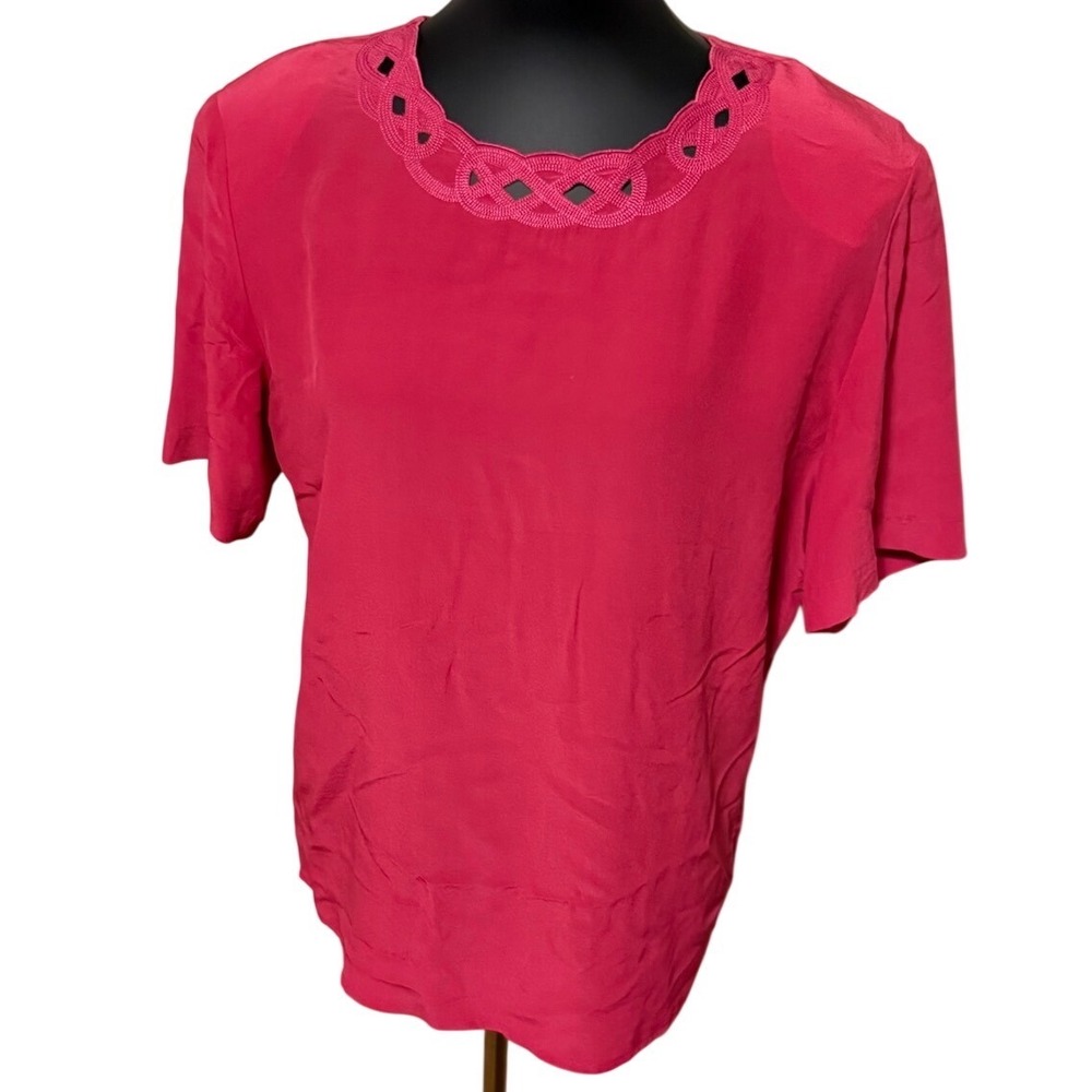 Tess‎ Womens 100% Silk Short Sleeve Blouse Pink Lattice Neck Detail Size S